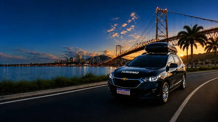Carro da Bebetur Transfer em frente à Ponte Hercílio Luz ao pôr do sol